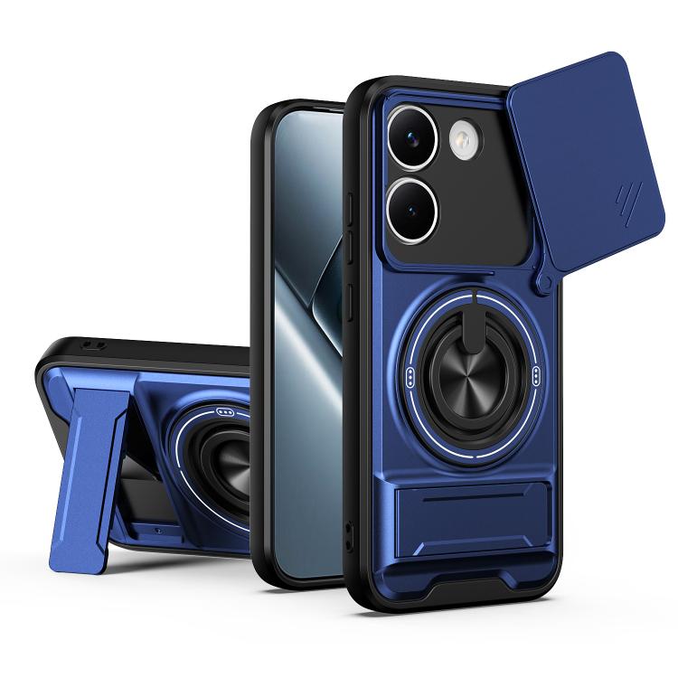 Shockproof magnetic phone case with sliding window; dark blue with ring stand