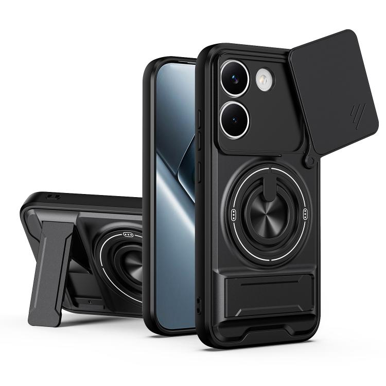 Shockproof magnetic phone case with sliding window; dark gray with ring stand