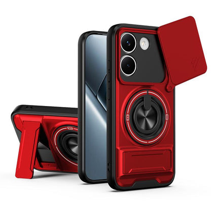 Red shockproof phone case with sliding window, magnetic ring holder, and kickstand