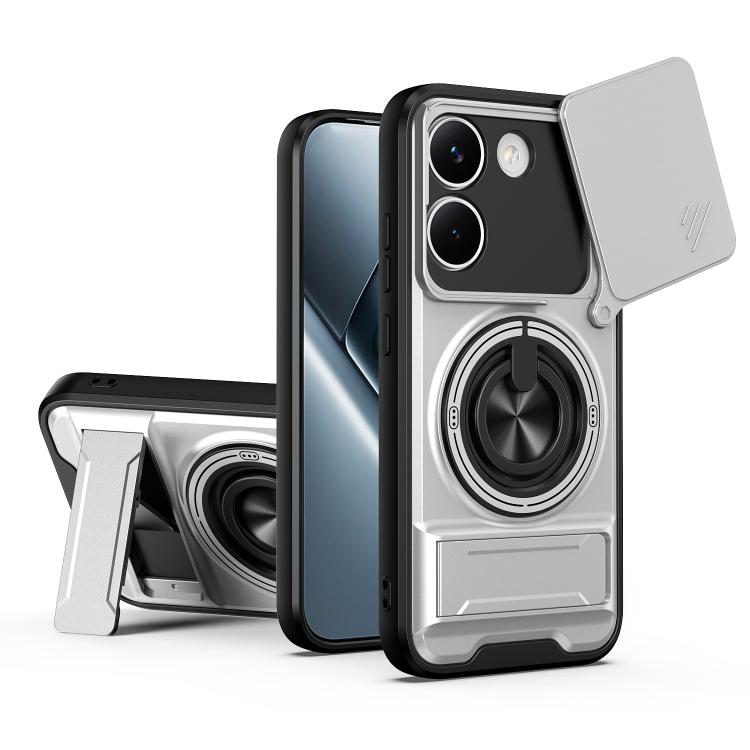 Silver/gray shockproof phone case with sliding window, magnetic ring holder, and kickstand