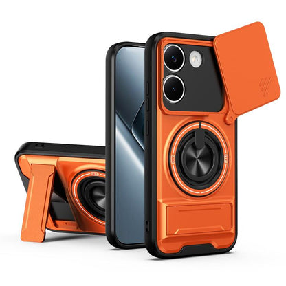 Orange shockproof phone case with sliding window, magnetic ring holder, and kickstand