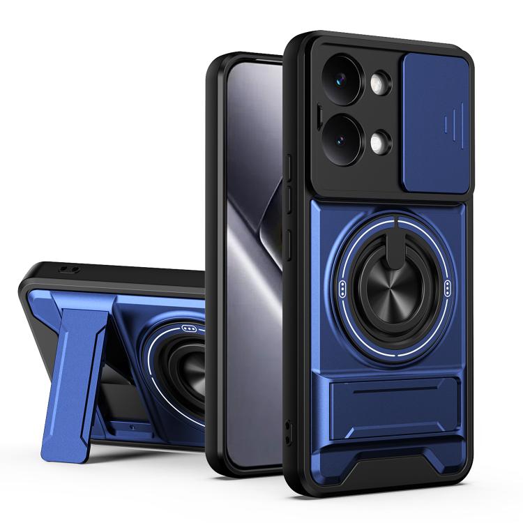 Shockproof magnetic phone case with sliding window; blue with ring stand