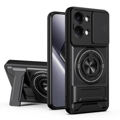 Shockproof magnetic phone case with sliding window; black with ring stand