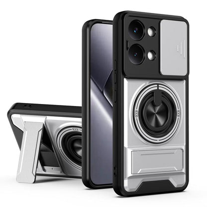 Shockproof magnetic phone case with sliding window; white/gray with ring stand