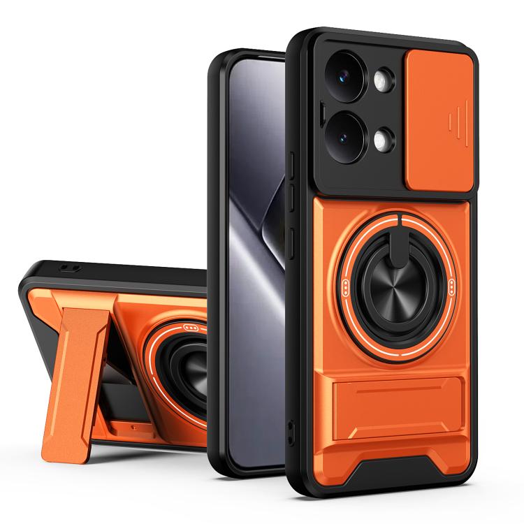 Shockproof magnetic phone case with sliding window; orange frame with ring stand