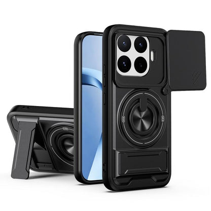 Magnetic sliding window phone case with kickstand, black protective cover