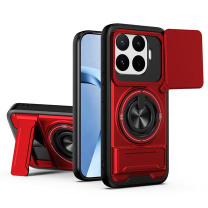 Magnetic sliding window phone case with kickstand, red protective cover and ring