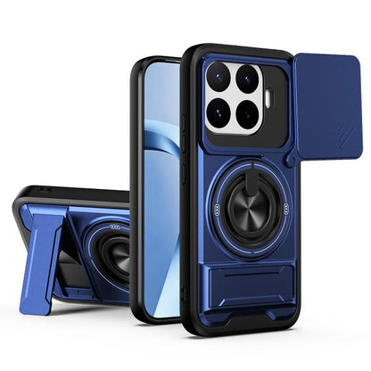 Magnetic sliding window phone case with kickstand, royal blue protective cover and ring
