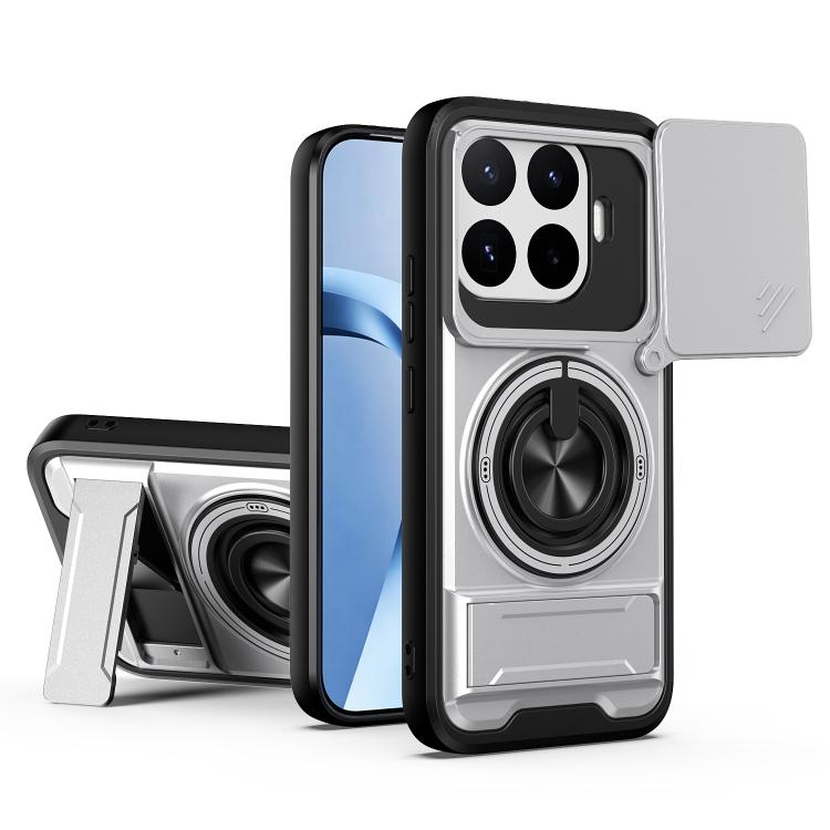 Shockproof magnetic phone case with sliding window; silver/gray with ring stand