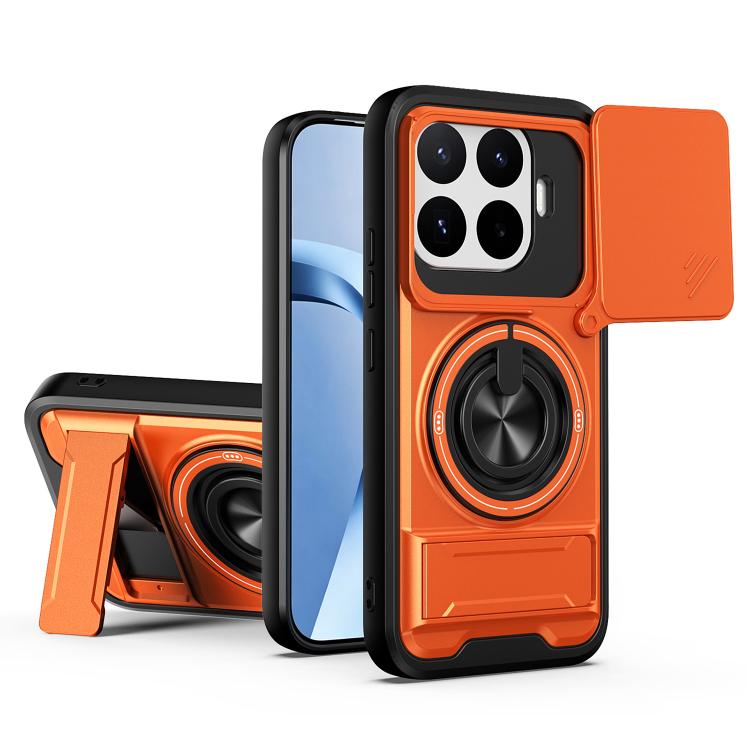 Shockproof magnetic phone case with sliding window; orange with ring stand