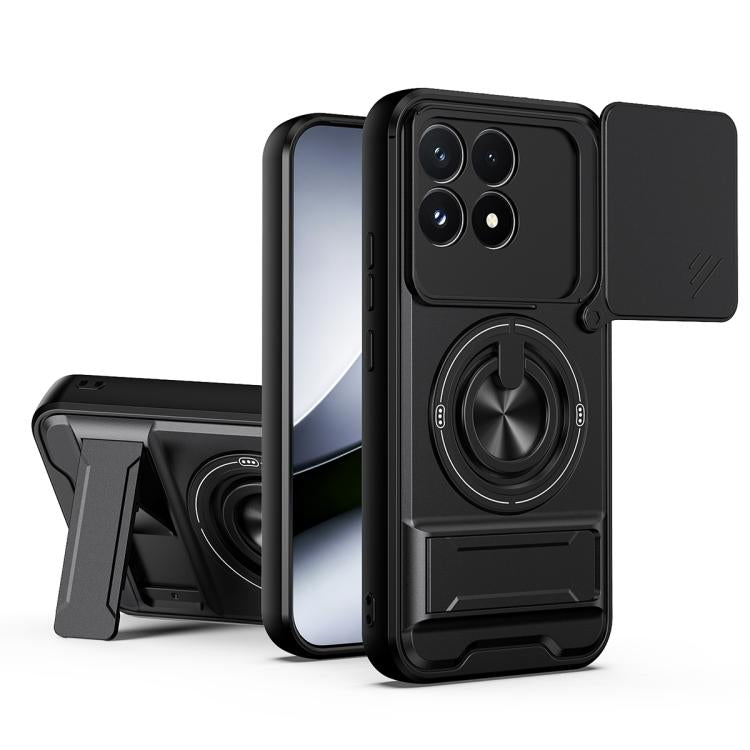 Black magnetic shockproof phone case with camera cutout and rotating ring stand