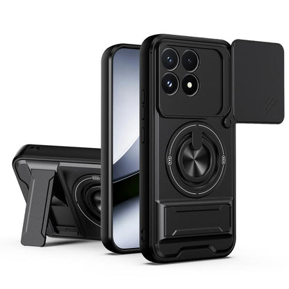 Black magnetic shockproof phone case with camera cutout and rotating ring stand