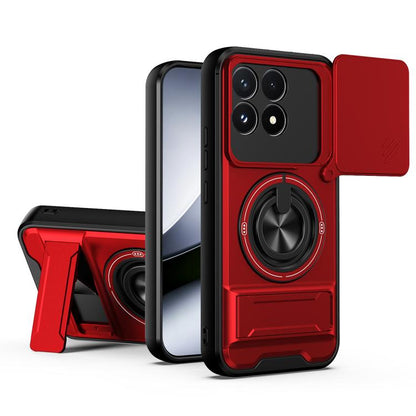 Magnetic sliding window phone case with kickstand, red protective cover