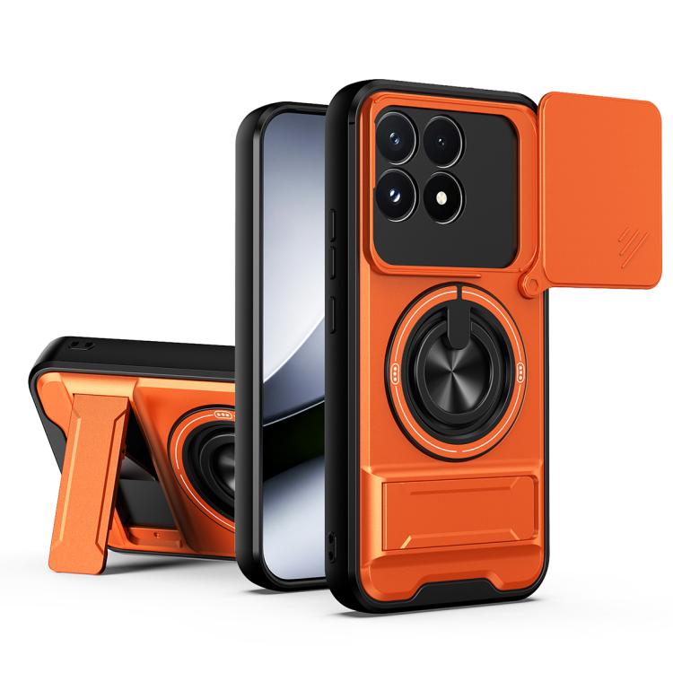 Magnetic sliding window phone case with kickstand, orange protective cover