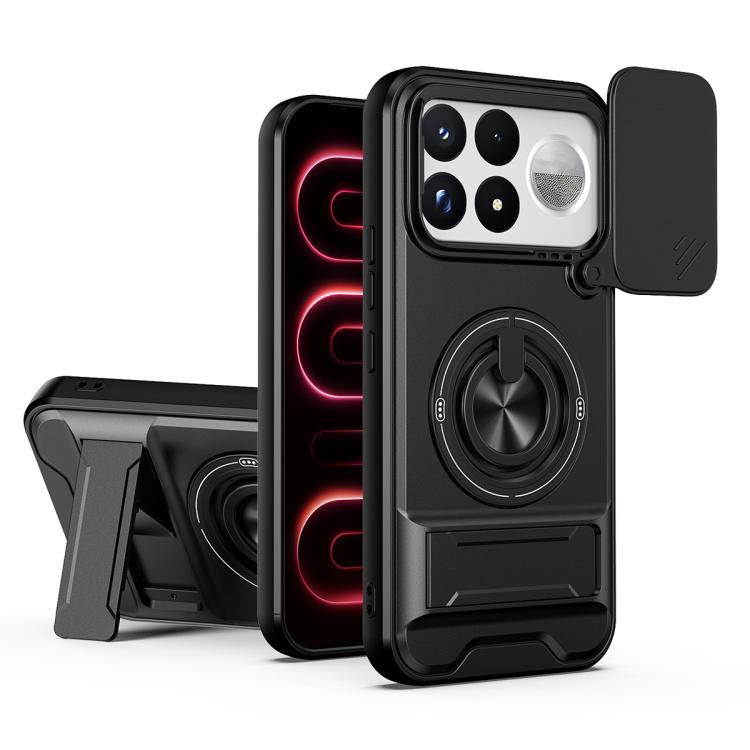 Black magnetic shockproof phone case with camera cutout and rotating ring stand