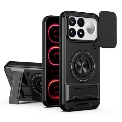 Black magnetic shockproof phone case with camera cutout and rotating ring stand