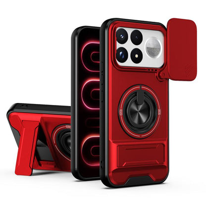 Red magnetic shockproof phone case with camera cutout and rotating ring stand
