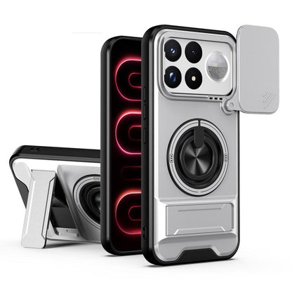Silver magnetic shockproof phone case with camera cutout and rotating ring stand