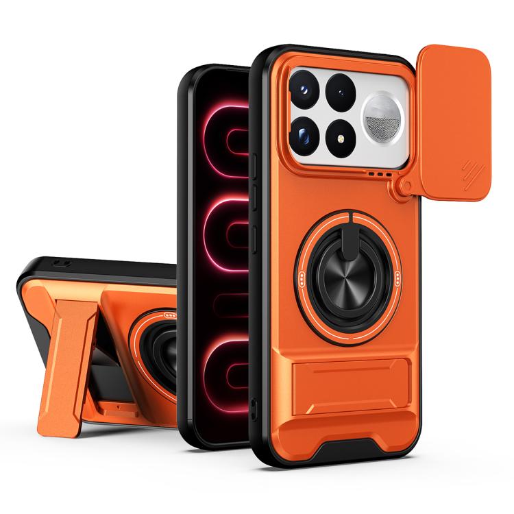 Orange magnetic shockproof phone case with camera cutout and rotating ring stand