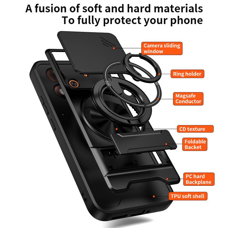 Black shockproof phone case with sliding camera window, ring holder, and card slot