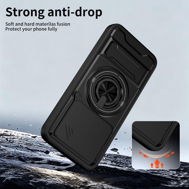 Black anti-drop phone case with ring holder and sliding camera cover
