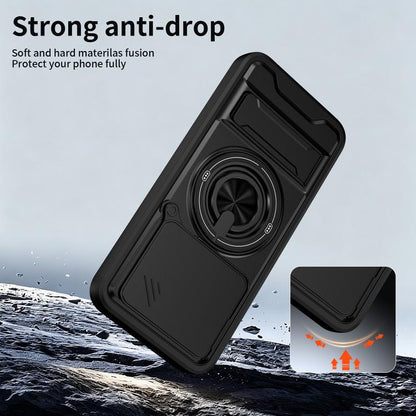 Black anti-drop phone case with ring holder and sliding camera cover