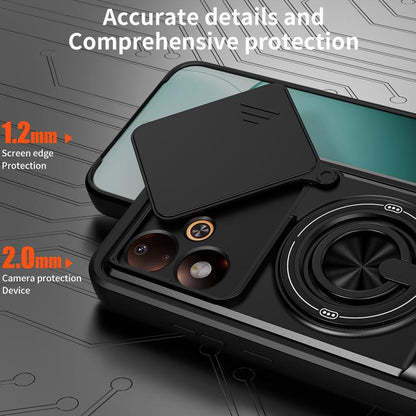 Black protective phone case with ring holder and reinforced camera and screen edges