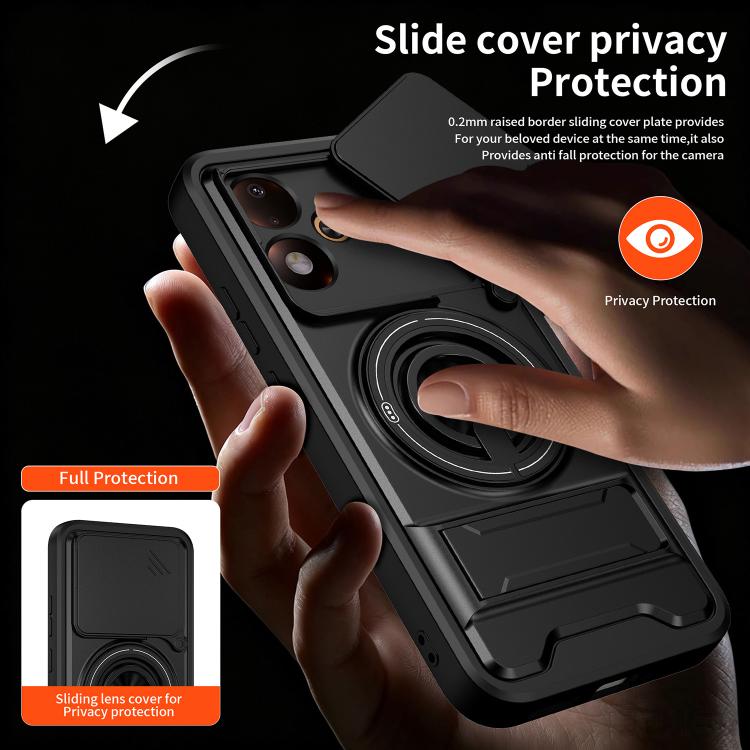 Black phone case with sliding privacy cover over camera and ring holder