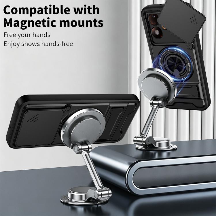 Black phone case with ring holder mount for hands-free use on desk