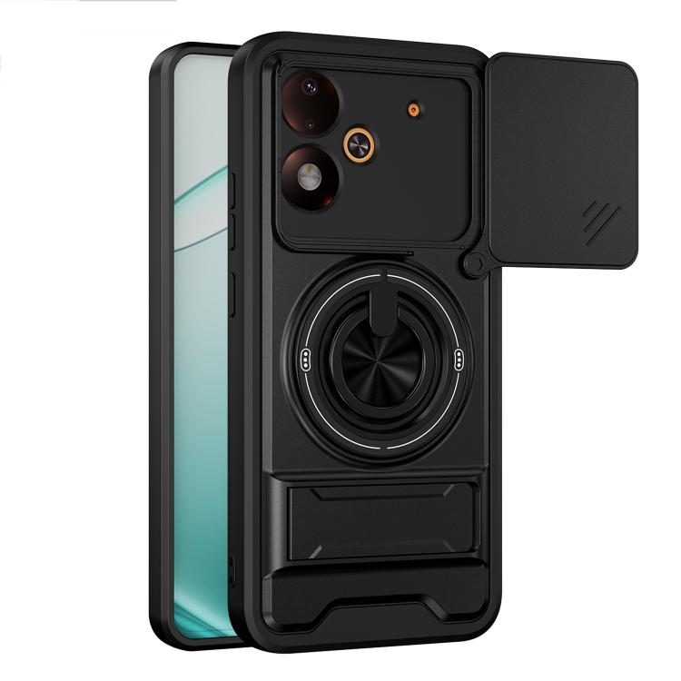 Black magnetic phone case with sliding camera cover and built-in ring holder