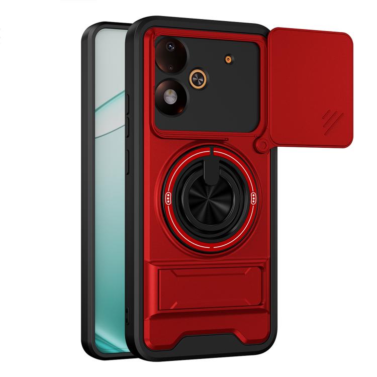 Red magnetic shockproof phone case with camera cutout and rotating ring stand
