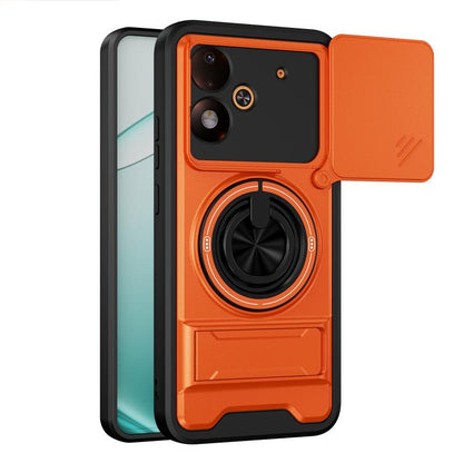 Orange magnetic shockproof phone case with camera cutout and rotating ring stand