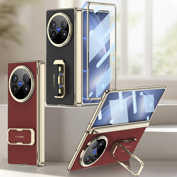Folding leather phone case with wristband and rotating holder, black and red views