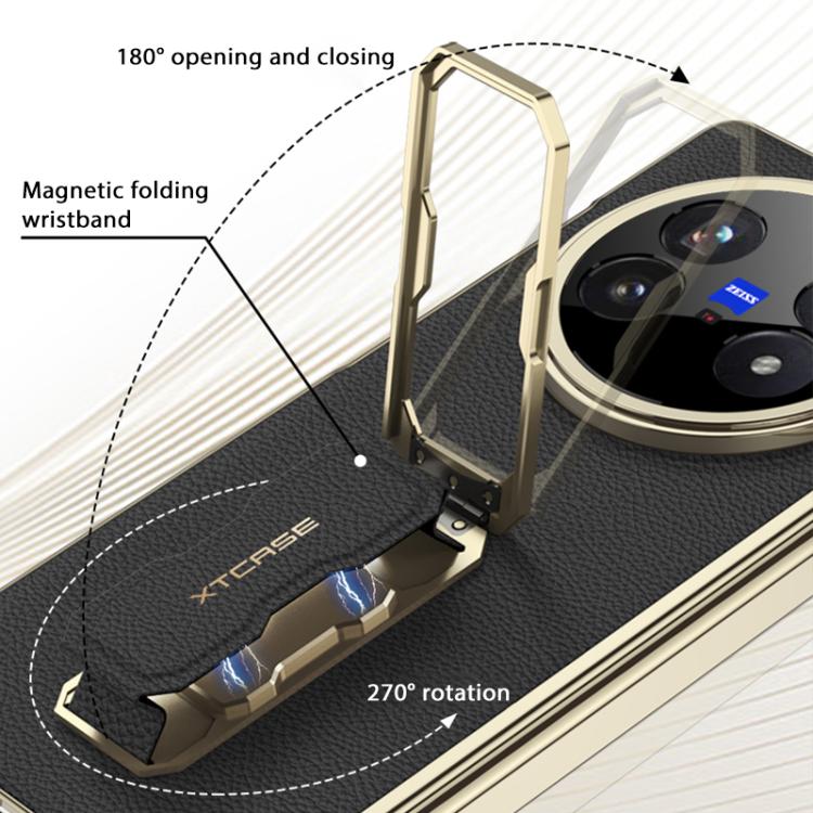 Black folding phone case with wristband strap and 270° rotating kickstand