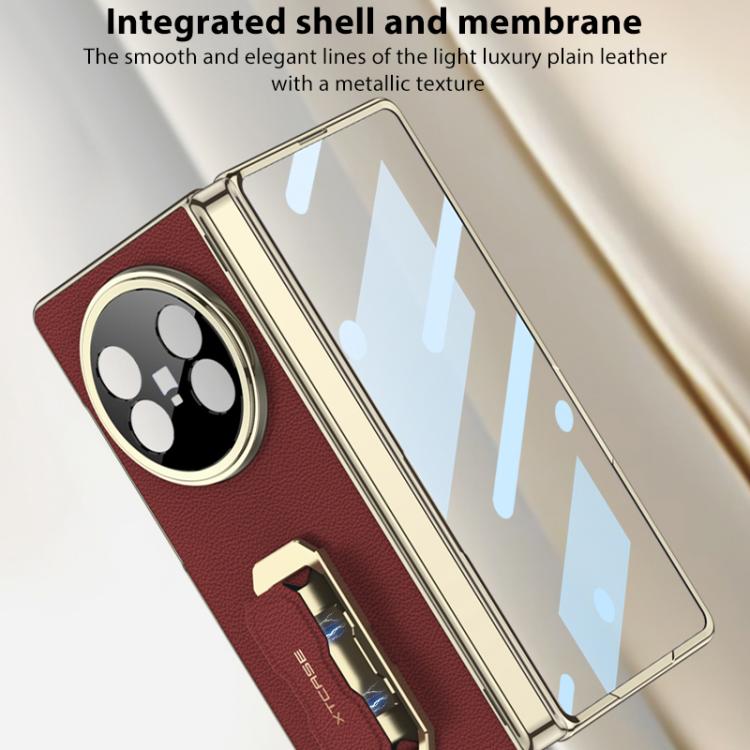 Red folding phone case with integrated hinge and wrist strap, metallic gold edges