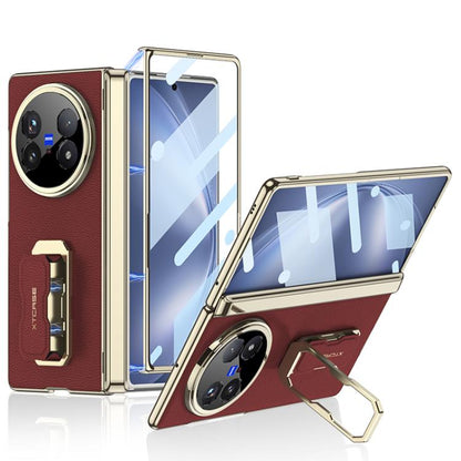 Red folding leather phone case with wristband and rotating holder, gold trim