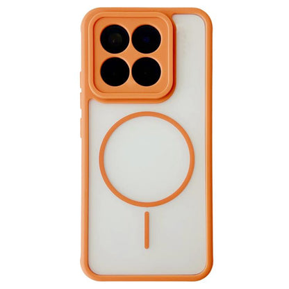 Orange phone case with magnetic ring, raised camera cutouts, and side button