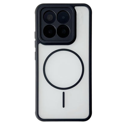 Dark phone case with magnetic ring, raised quad-camera cutout, and side button