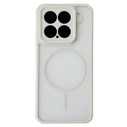 Magnetic phone case with circular ring design, white translucent back with side guard
