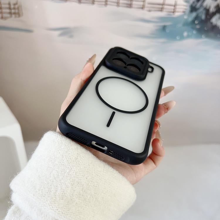 Magnetic phone case with circular ring stand, white back with black camera trim
