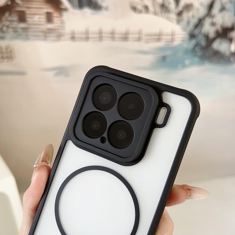 Magnetic phone case with circular ring stand, white panel and black border around cameras