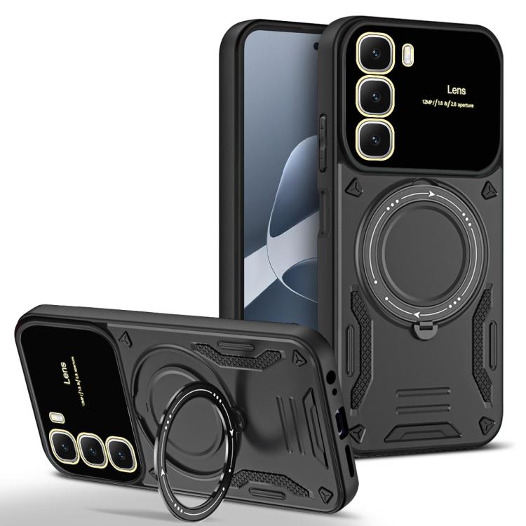 Black rugged phone case with built-in MagSafe ring holder and camera lens cutouts