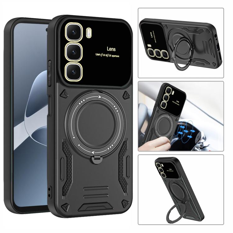 Rugged black phone case with large circular ring holder and camera cutouts