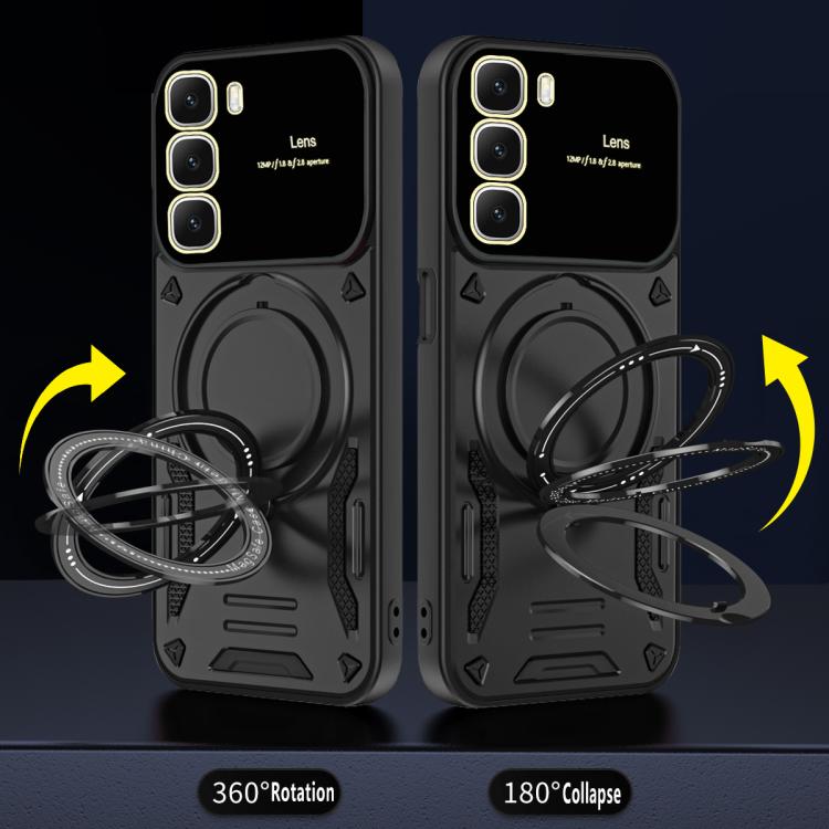 Rugged black phone case with MagSafe ring holder shown rotating 360 degrees