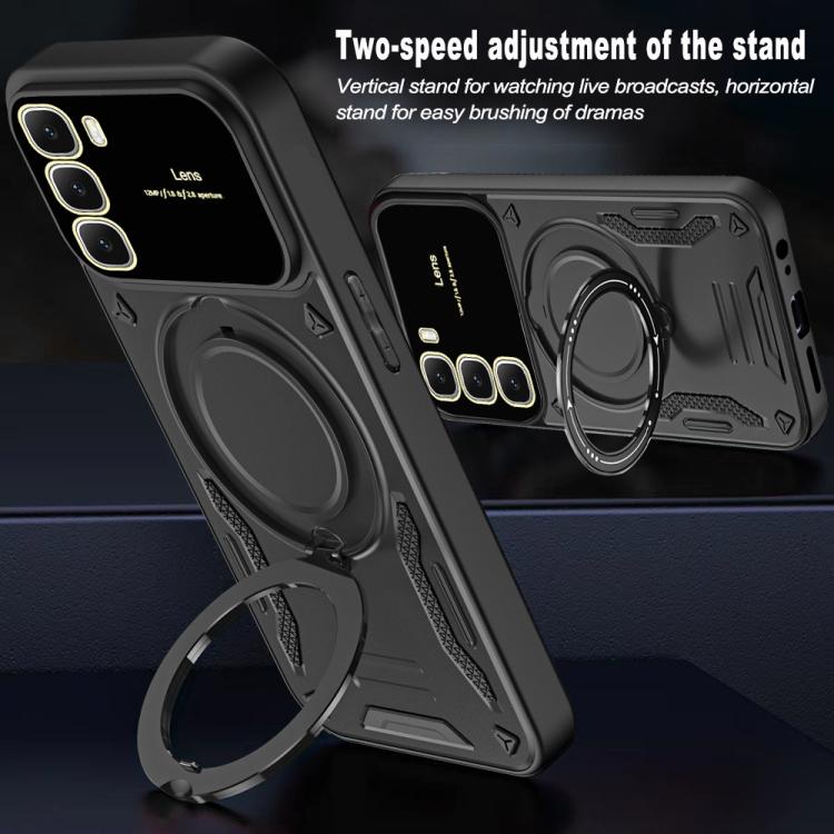 Rugged black phone case with ring holder and foldable kickstand