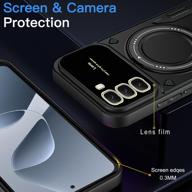 Black rugged phone case with ring holder and raised camera lens protection