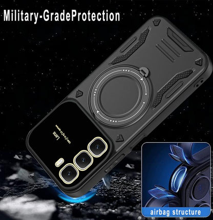 Black rugged phone case with large circular ring holder and textured side grips