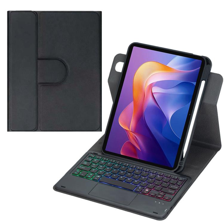 Black leather-look tablet case with Bluetooth keyboard, RGB backlit keys, touchpad
