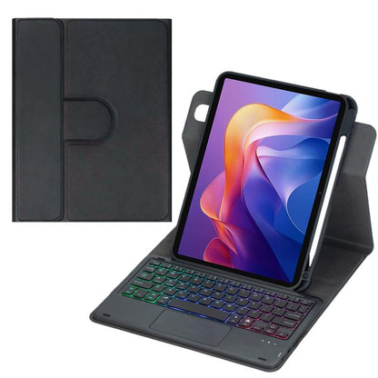 Black leather-look tablet case with Bluetooth keyboard, RGB backlit keys, touchpad