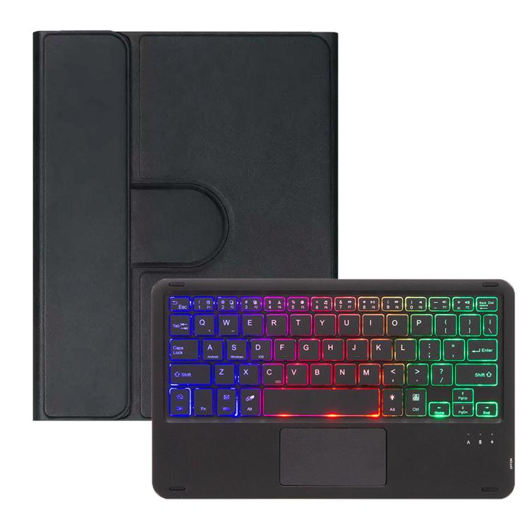 Black folio tablet case with Bluetooth keyboard showing RGB backlit keys and touchpad
